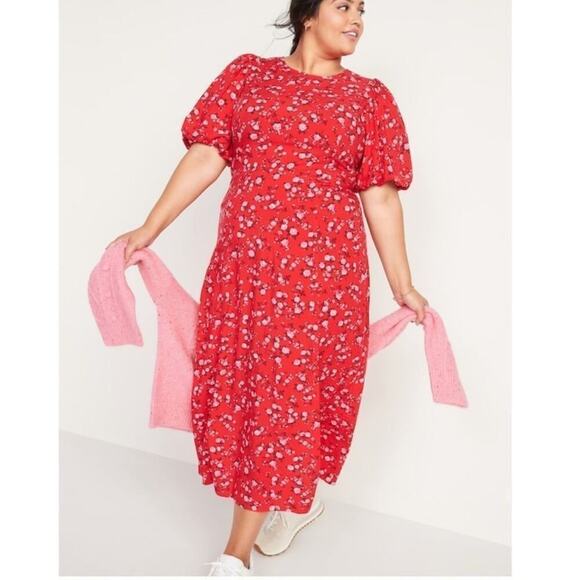 Old Navy Womans Sz XXL Midi Dress Puff Sleeve Floral Red Back Cut Out Smocked - Picture 1 of 9